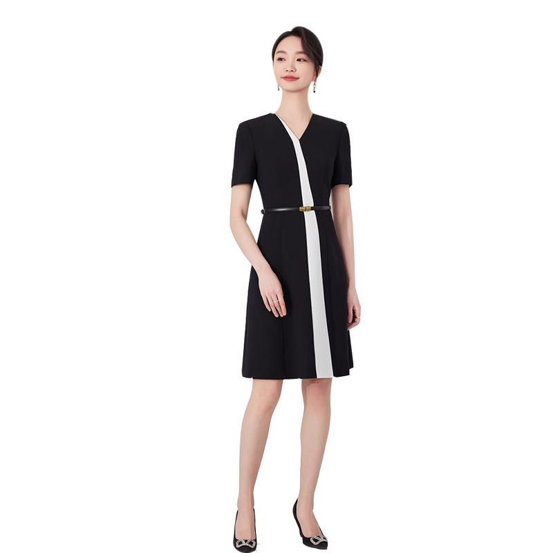 Elegant Black and White Color Block Summer Short Sleeve Dress for Work or Formal Events