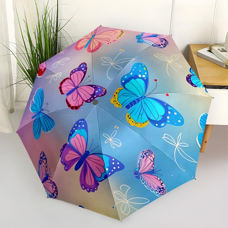 1pc Butterflies, Pastel Automatic Open/Close Umbrella - Compact Travel Umbrella with 8-Rib Durable Frame, Lightweight & Portable Design Z39