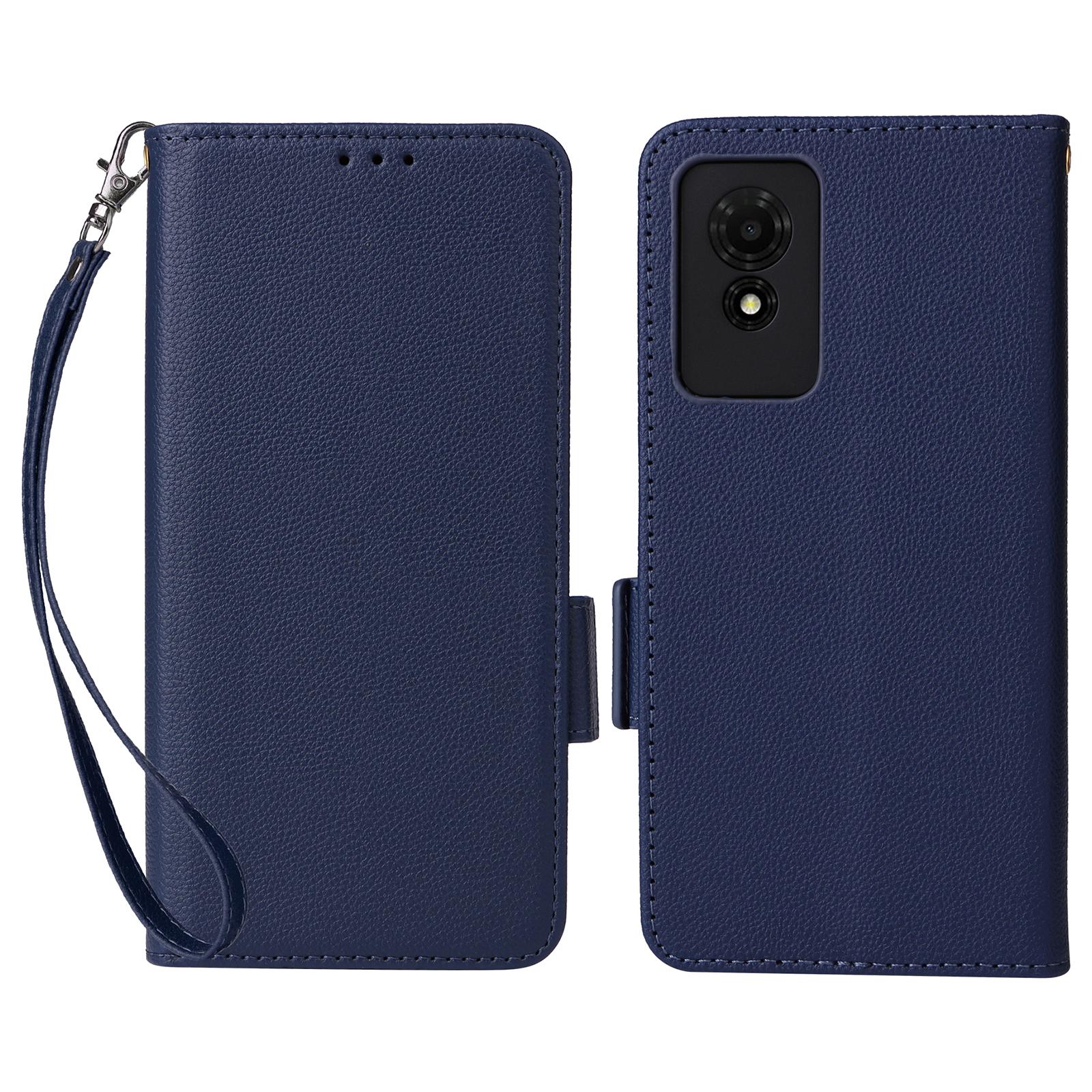 

For TCL 501 T433D Case with Wrist Strap Litchi Texture PU Leather Wallet Phone Cover Dark Blue