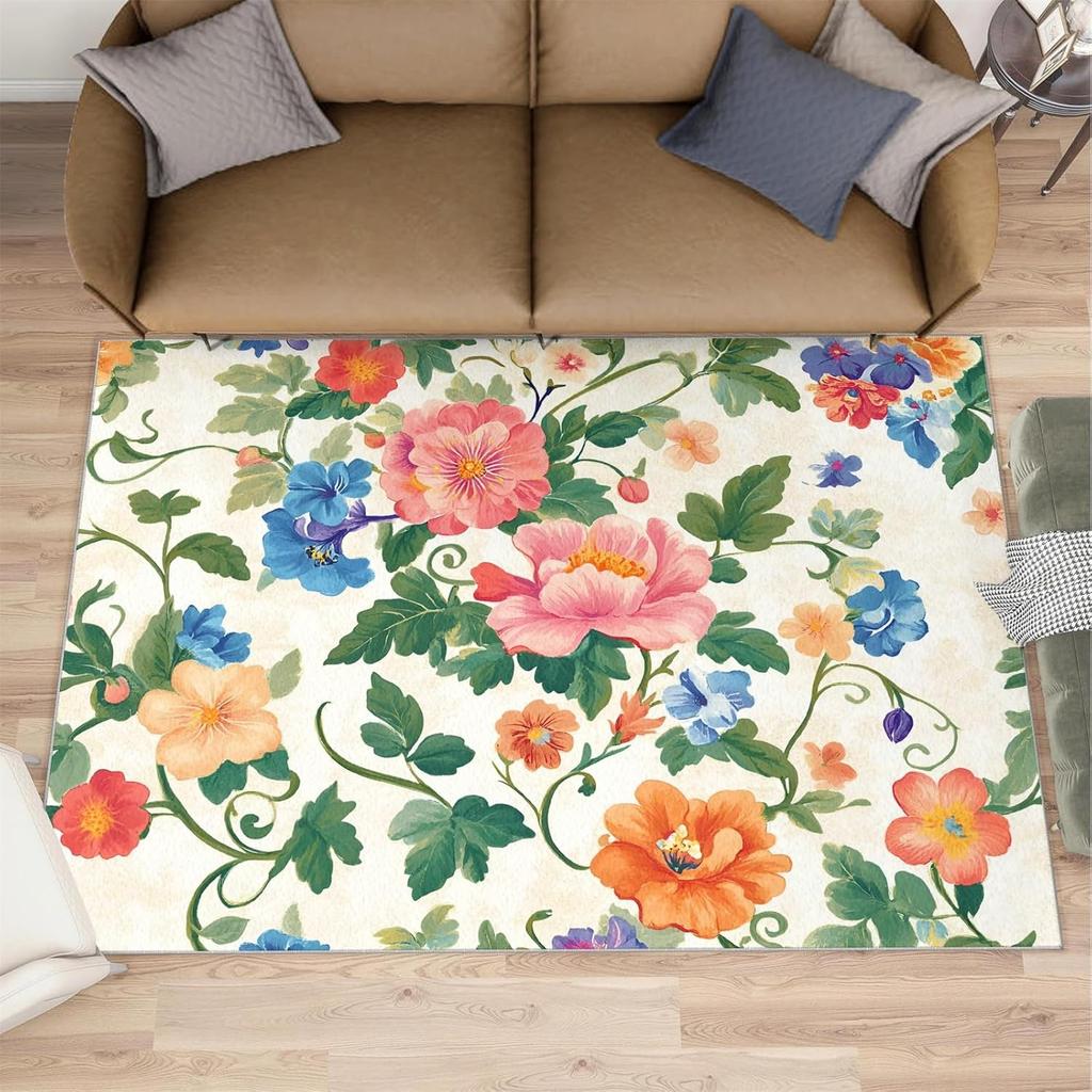 Colorful Flower Print Carpet Colorful Botanical Art Design Home Decor Mat Absorbent Anti-Slip Rug for Living Room Bedroom Etc