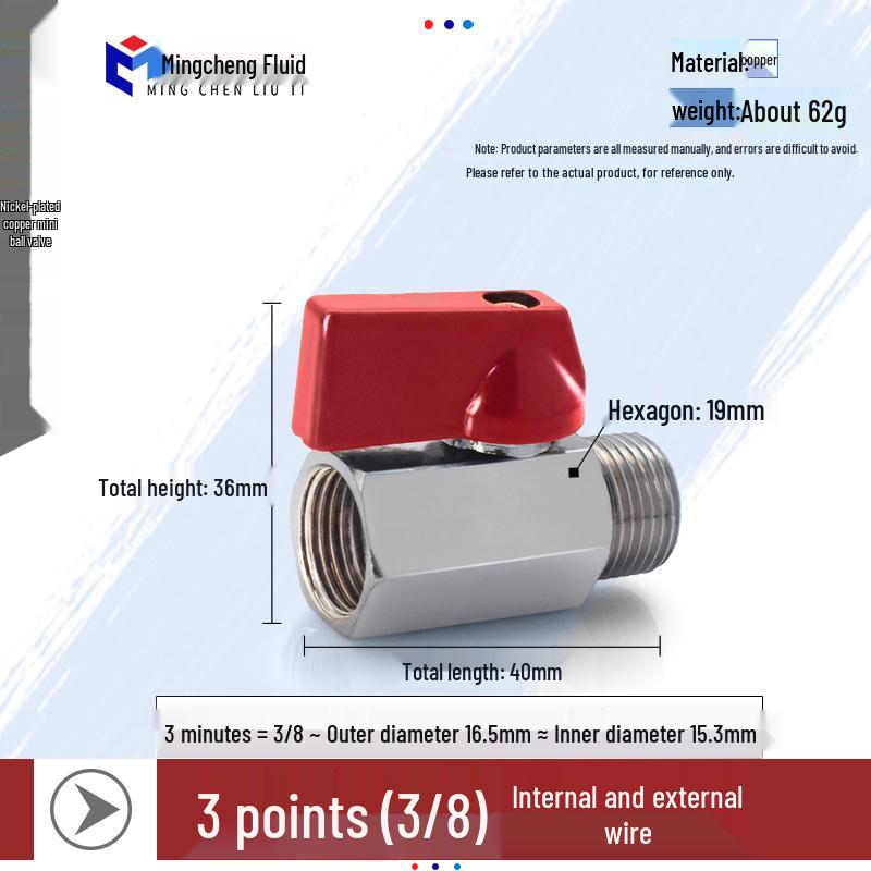 Compact Ball Valve with Double Male/Female Thread, Sizes 1/4", 3/8", 1/2", Pneumatic Polished Electroplated Switch Valve Accessory.