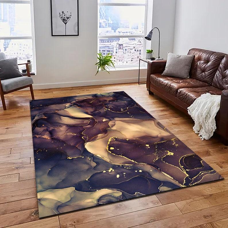 Purple Dark Blue Gold Marble Area Rug Contemporary Shimmery Design Alcohol Ink Rug for Living Room Custom Home Decoration