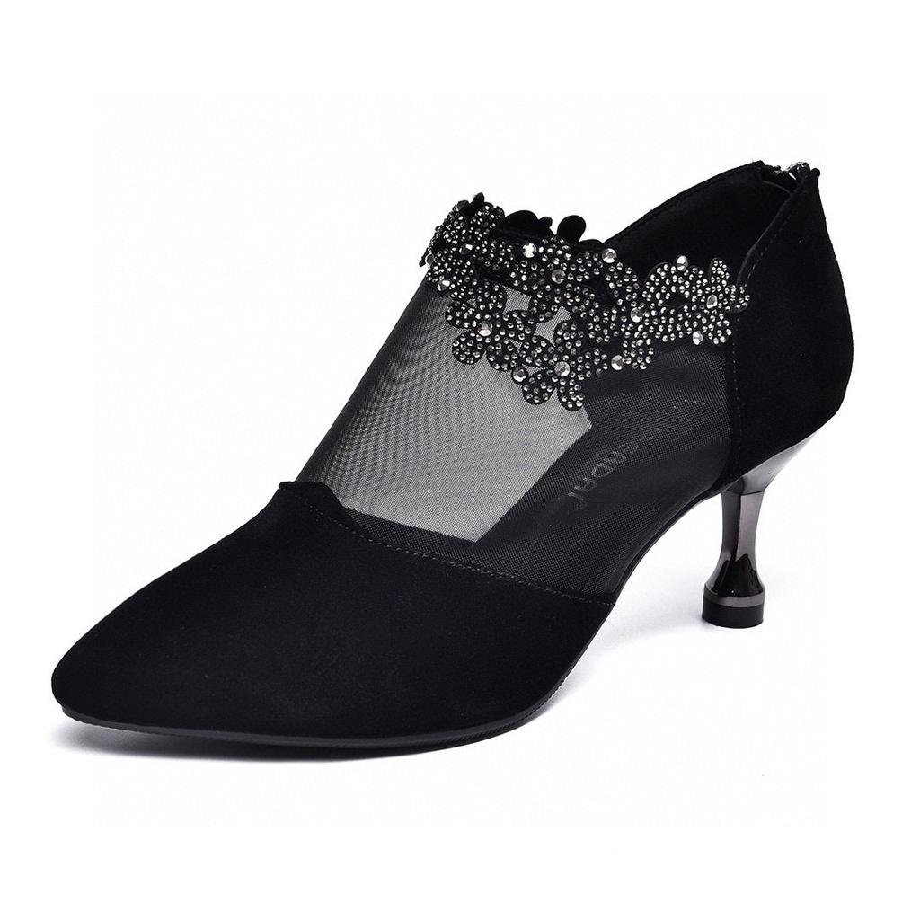 Women's Shoes Early Spring New Fashion Pointed-toed Stiletto Mesh Single Shoes Sheepskin Rhinestone Rear Zipper Temperament Heels