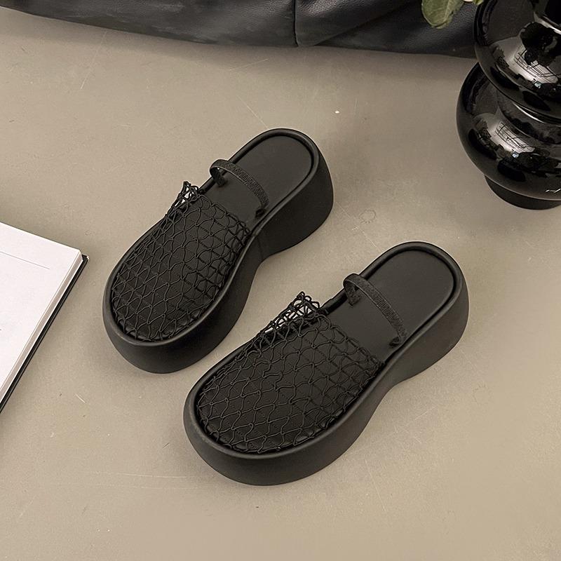 Fashion Waterproof Platform High-heeled Slippers Summer New Round Head Shallow Mouth Mesh Hollow Anti-slip Wear-resistant Sandals