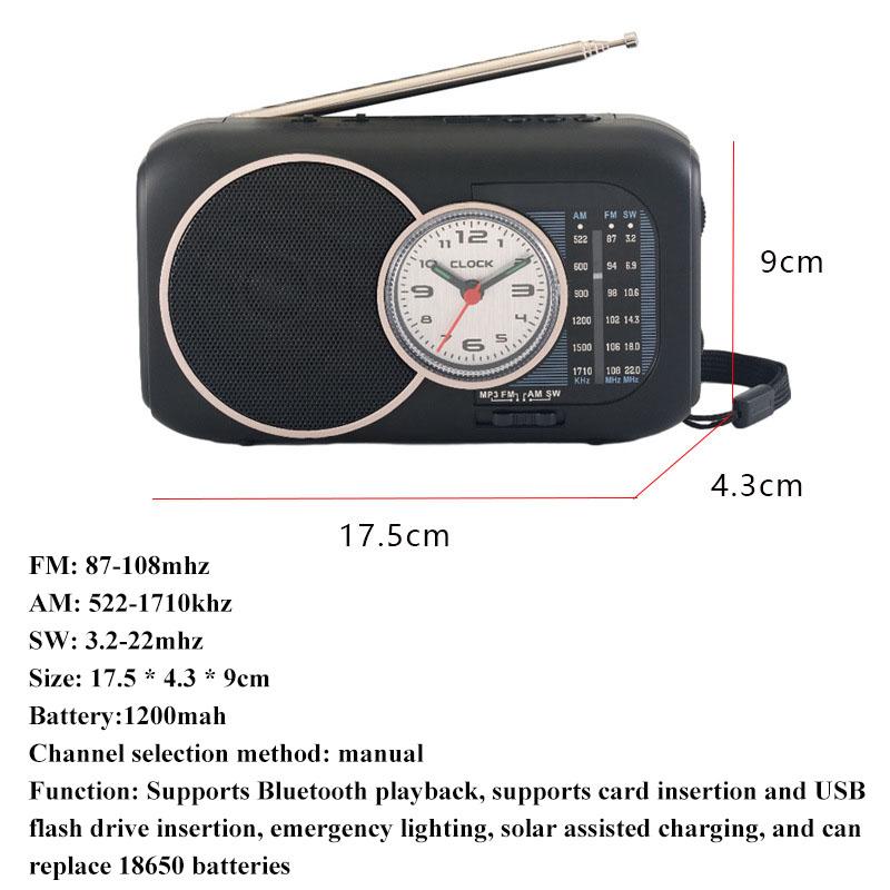 Mini Portable FM AM SW Radio Solar Charging Emergency Radios Receiver Wilress Bluetooth Speaker with Clock Support U Disk TF Car