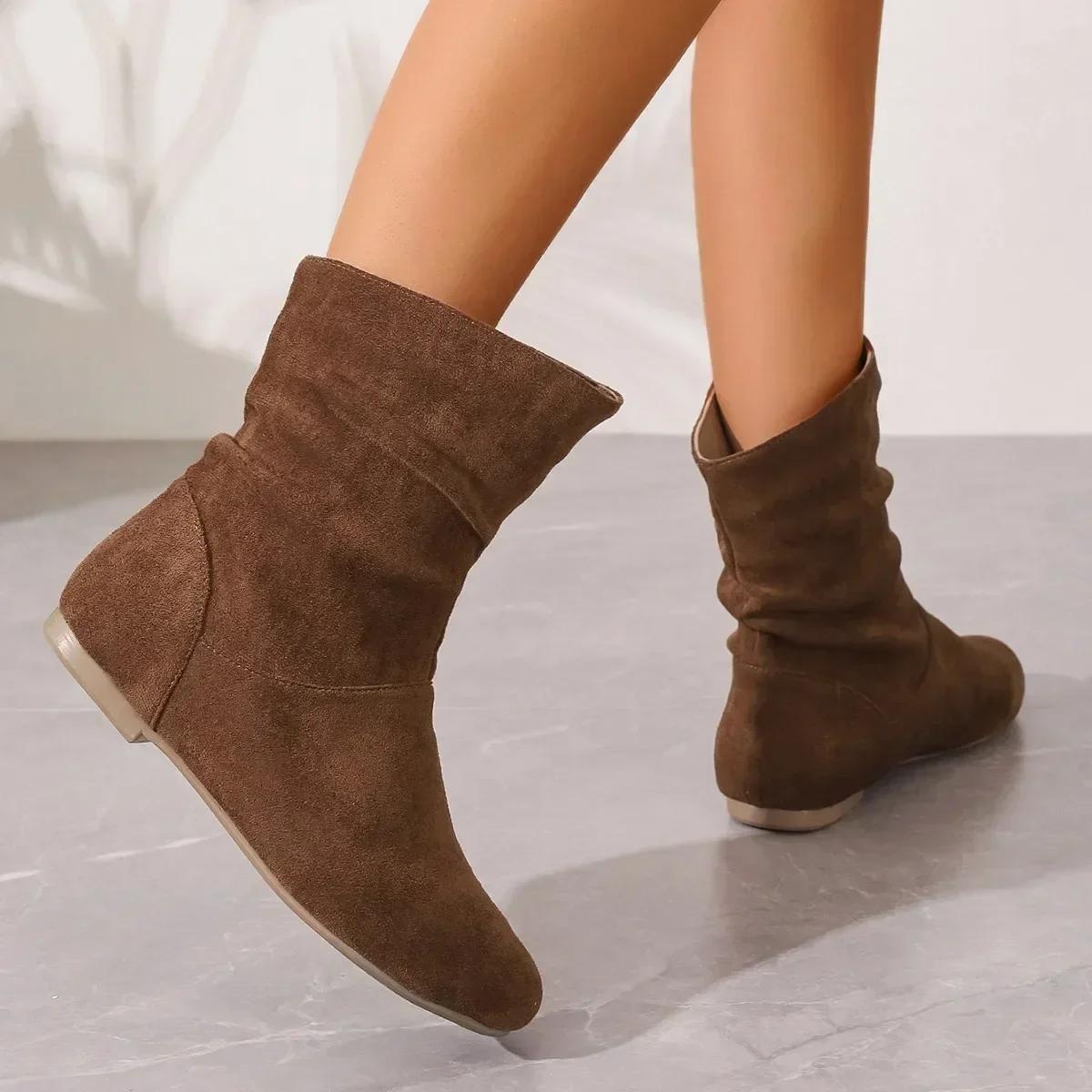 

Женские кожаные ботинки, короткие сапоги без шнуровки, модные осенние плиссированные полусапоги с круглым носком, однотонные ботильоны на плоской подошве, Botas Mujer 2024 42