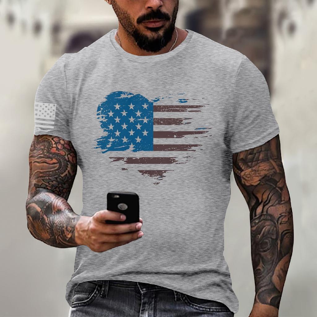 Men's Fashion Casual Short Sleeve Round Neck Independence Day Flag T-Shirt Top