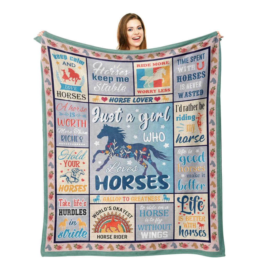 Girls Horse Blanket Beautiful Animal Horse with Wreath Throw Blanket, Ultra Soft Warm Sofa Bedding Living Room Flannel Blankets