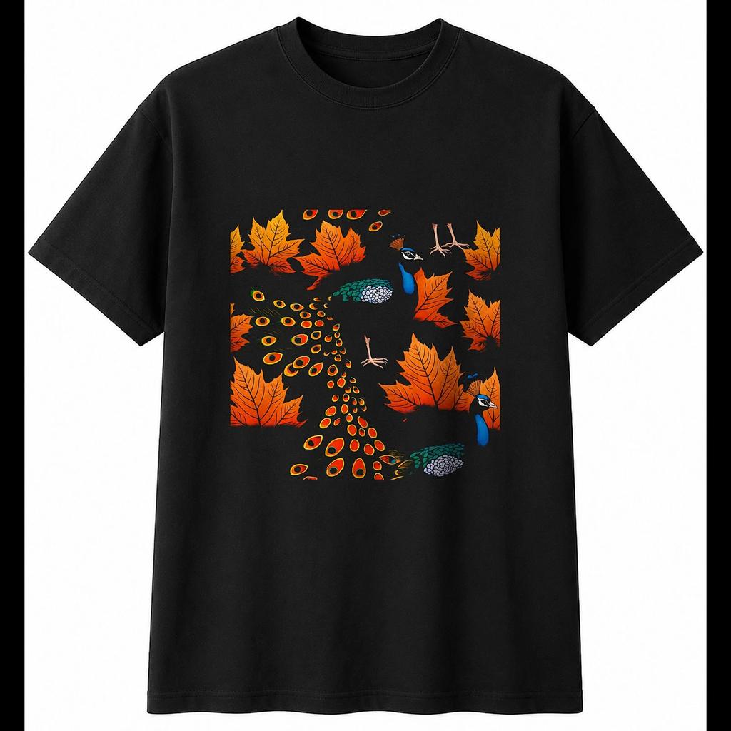 Tattoo Peacock In Autumn Bird Mens T-Shirt Black 100% Cotton Ornithology Printed