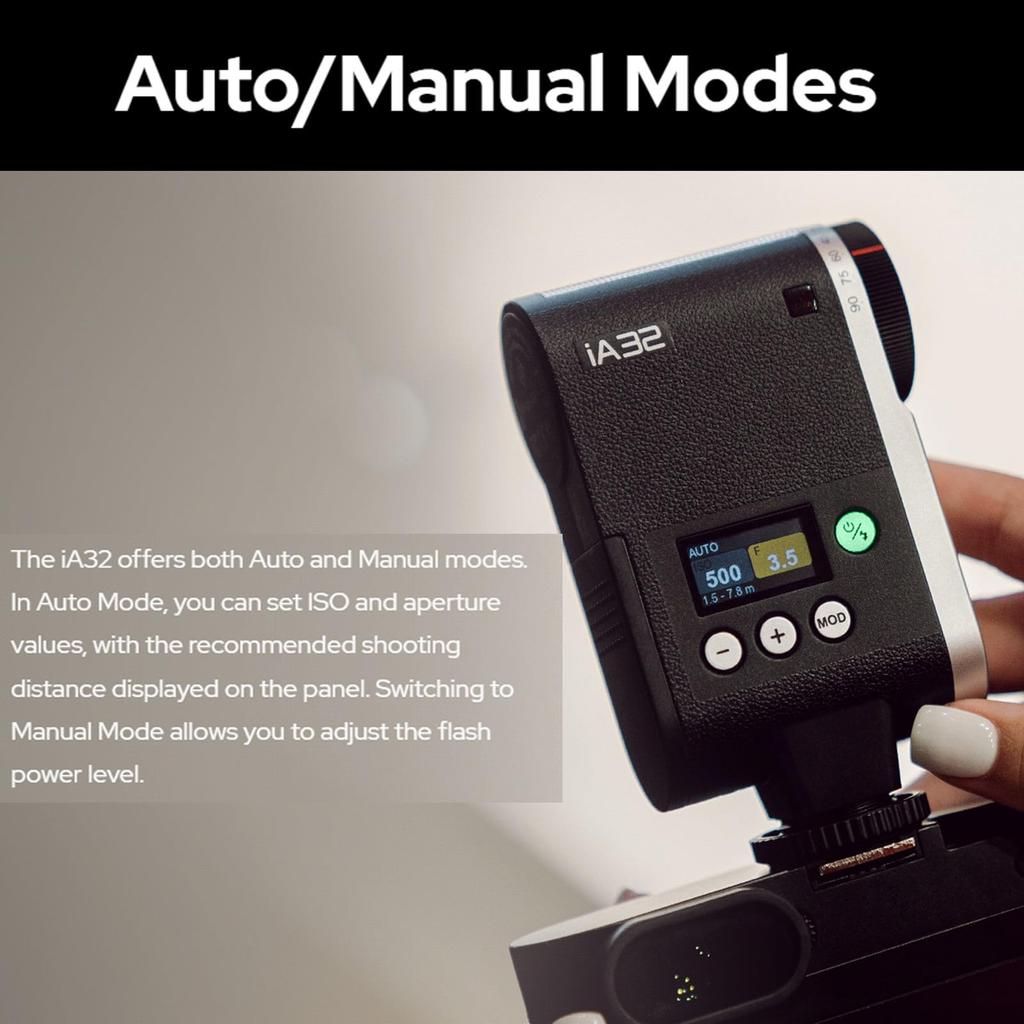 Godox iA32 Mini Flash Speedlight, Canon, Sony, Fuji, Nikon, Panasonic Olympus Pentax, GN15, Recycle Time 2.5 seconds, Flash Time Approx. 490 times,