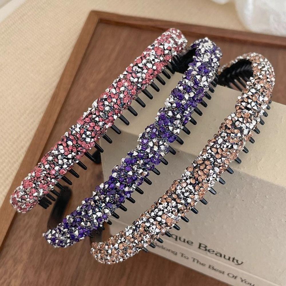 Sweet Plastic Rhinestone Headband Shiny Non-slip Thin Hairband with Toothed Korean Style Hair Hoop Girl