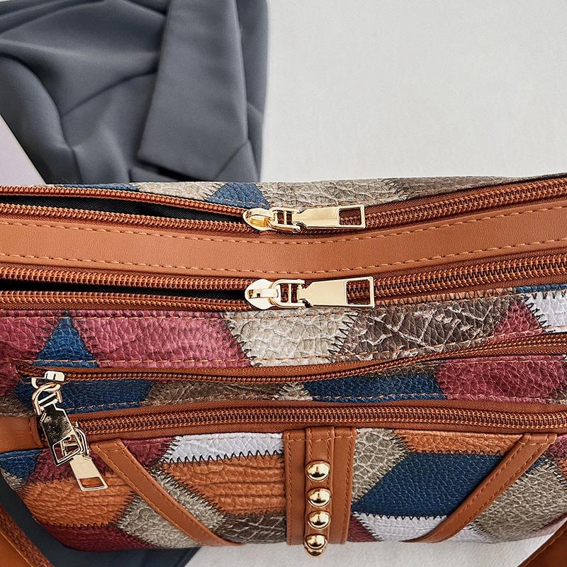Middle-Aged Mother Bag Stitching Color Block Crossbody Bag Women Retro Multi-Compartment Large Capacity Shoulder Bag