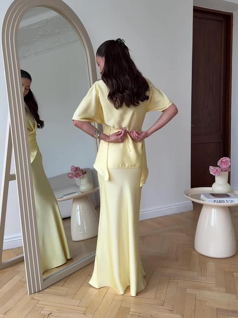 2025 Summer Noble Sexy Short Sleeve Long Dress Set for Women