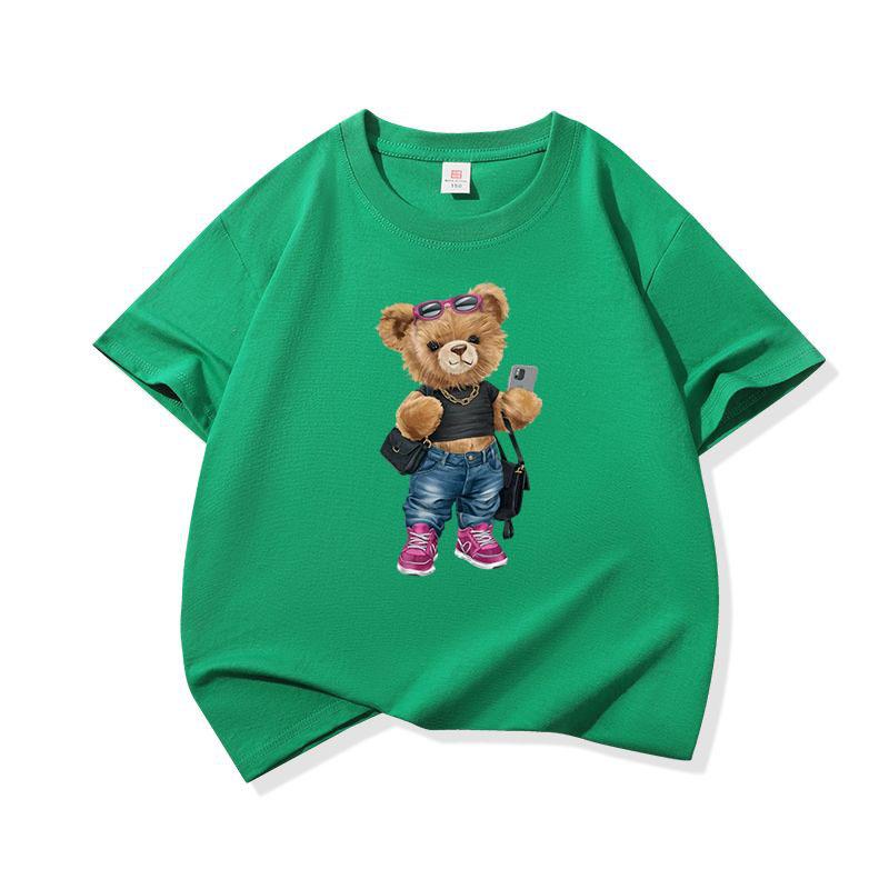 Trendy Girl Bear With Sunglasses Graphic Tee Kids 100 Cotton Crew Neck Casual T Shirt Short Sleeve Muticolor Top For Girls Boys