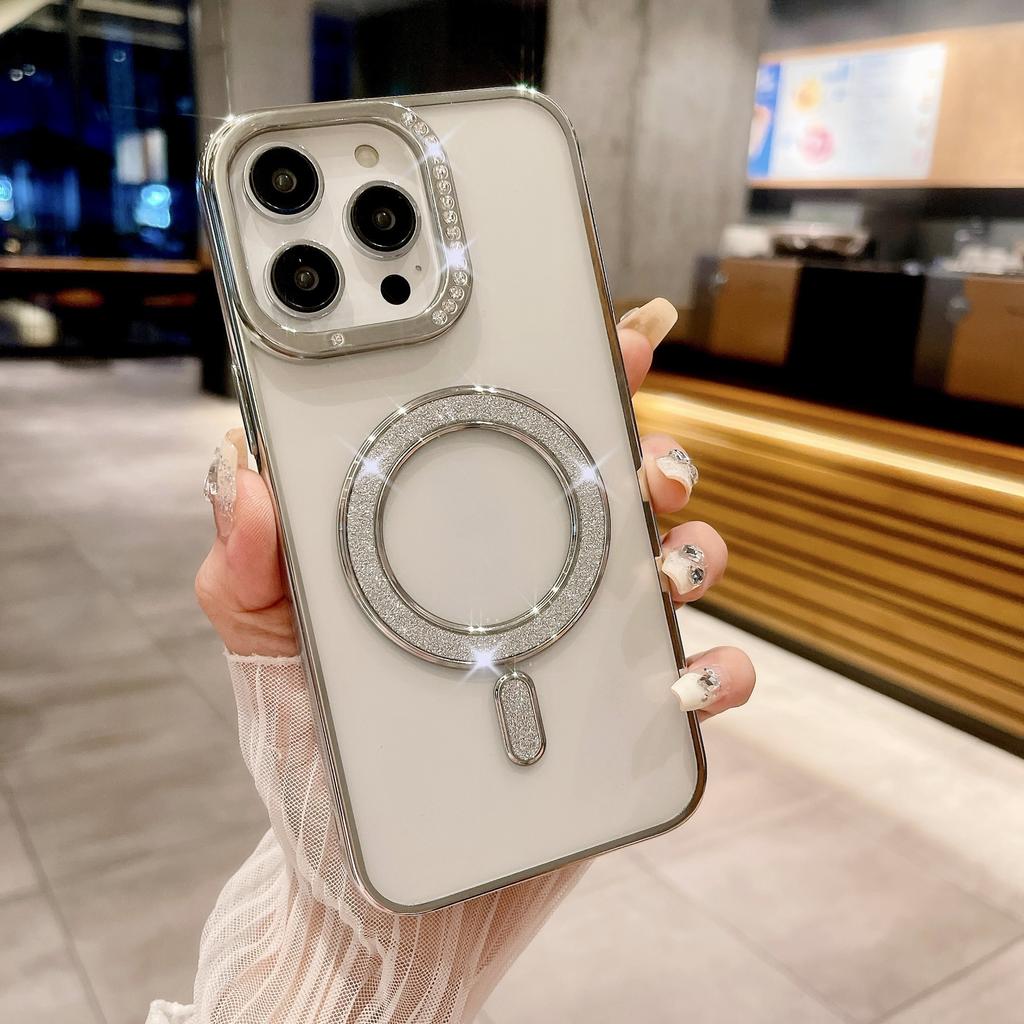 Suitable for IPhone16Pro Electroplated Water Diamond Phone Case, Apple 15 Diamond-encrusted Glitter 14 Magnetic Charging Protective Case