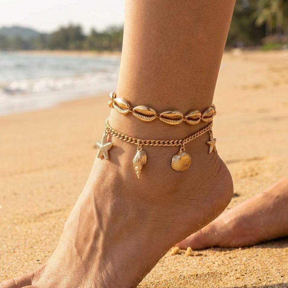 Vintage Gold Color Multilayer Anklet for Women Starfish Conch Scallops Pendant Metal Chain Anklet Beach Party Foot Jewelry Gifts