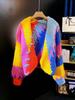 Auf Lager Farbblock Handgestrickter Regenbogen Pullover Mantel mit Kontrastfarben