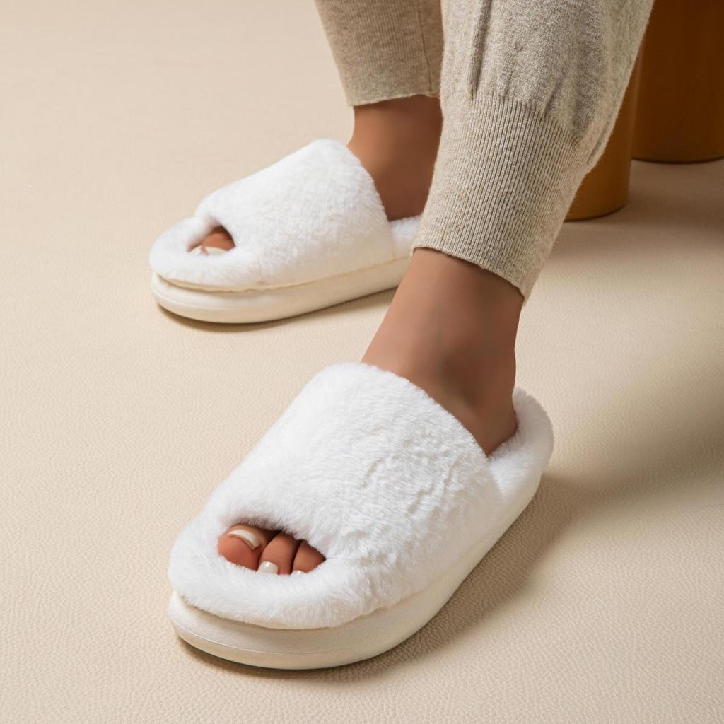 Gemütliche flauschige Hausschuhe aus Kunstfell, Einzelband, offene Zehenpartie, Plateau, Fuzzy-Schuhe, bequeme warme Hausschuhe: