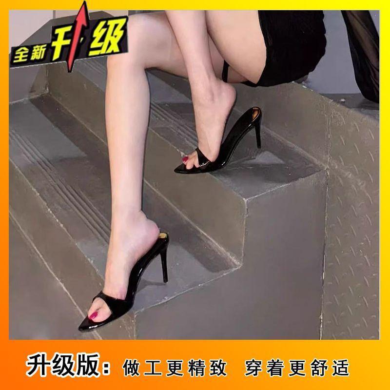 2025 Summer New Open-toed Pointed High Heels for Women's Summer Stiletto One-word Drag Patent Leather Sexy Outer Cool Slippers for Women