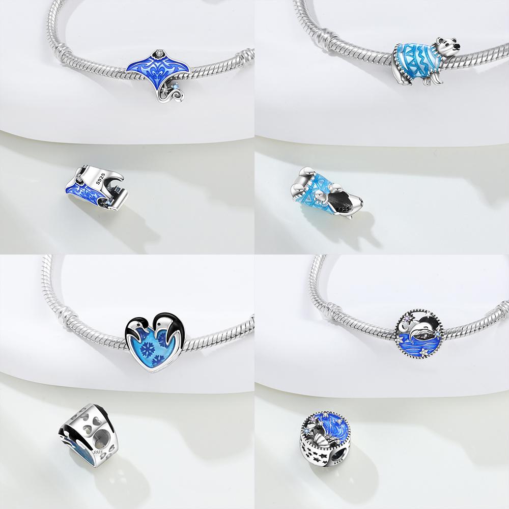 Charms Original Copper Blue Penguin Dolphin Jellyfish Manta Ray Beads Fit Bracelet Women Jewelry Diy Fine Gift Making