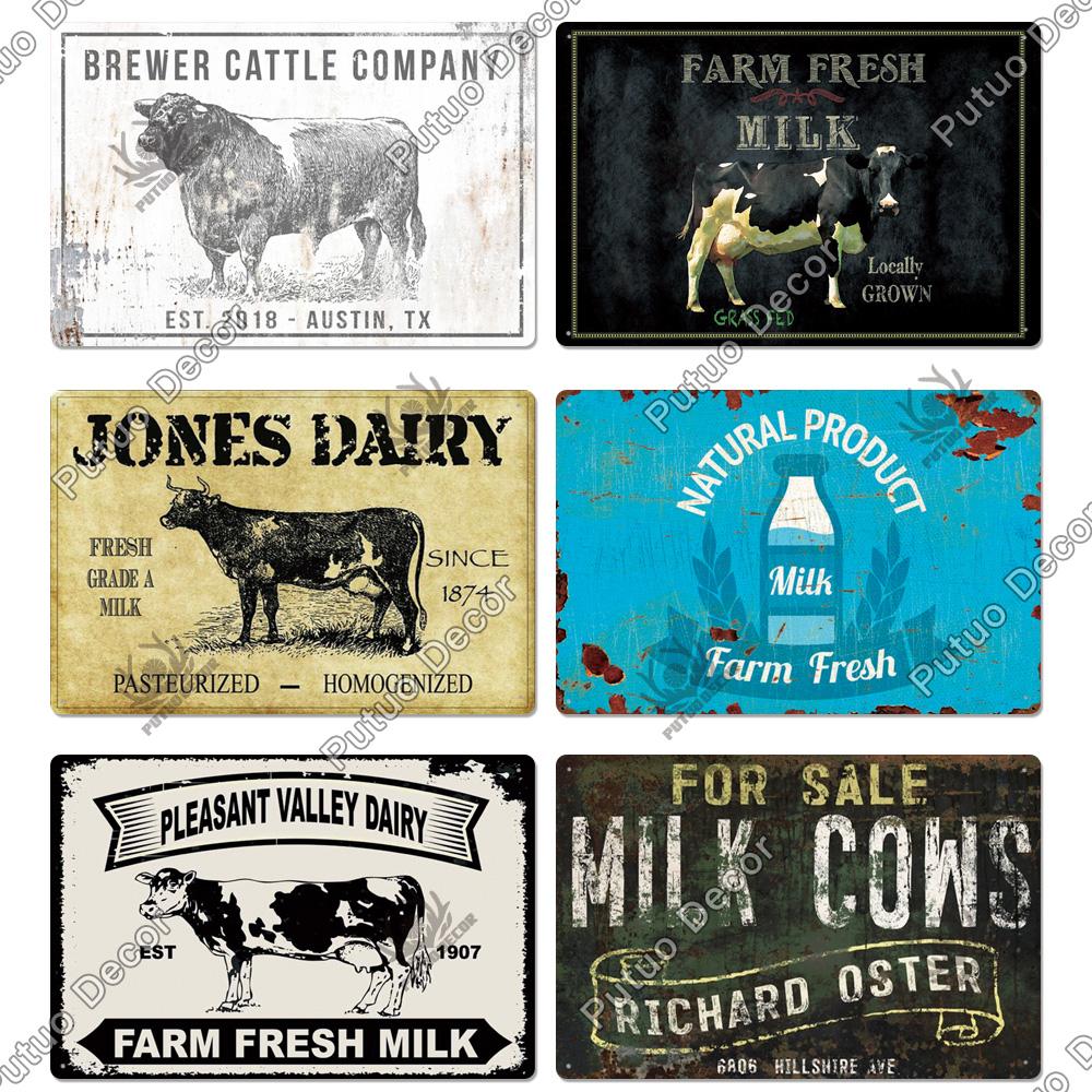Putuo Decor Farm Tin Sign Milk Vintage Tin Sign Plaque Metal Plate Retro Poster for Farmhouse Cow Pig Wall Stickers Art Decor