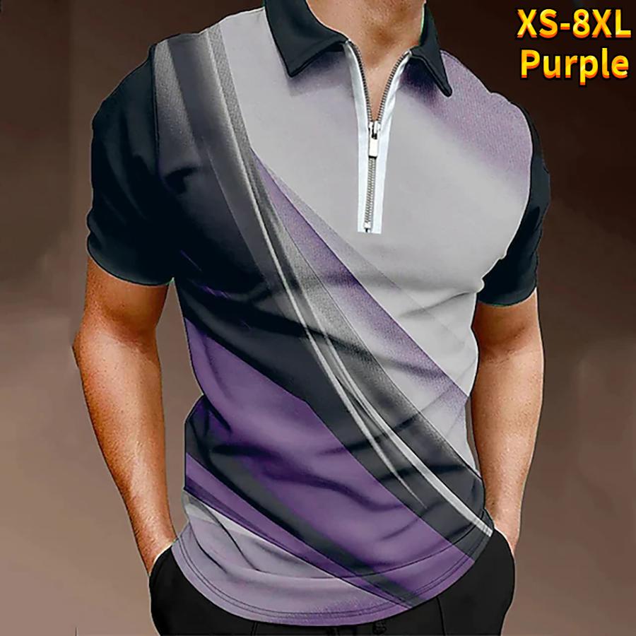 

Повседневная футболка с лацканами, молодежная мужская модная футболка на молнии, футболка с коротким рукавом, мужская футболка с 3D черным узором и принтом 8XL фиолетовый