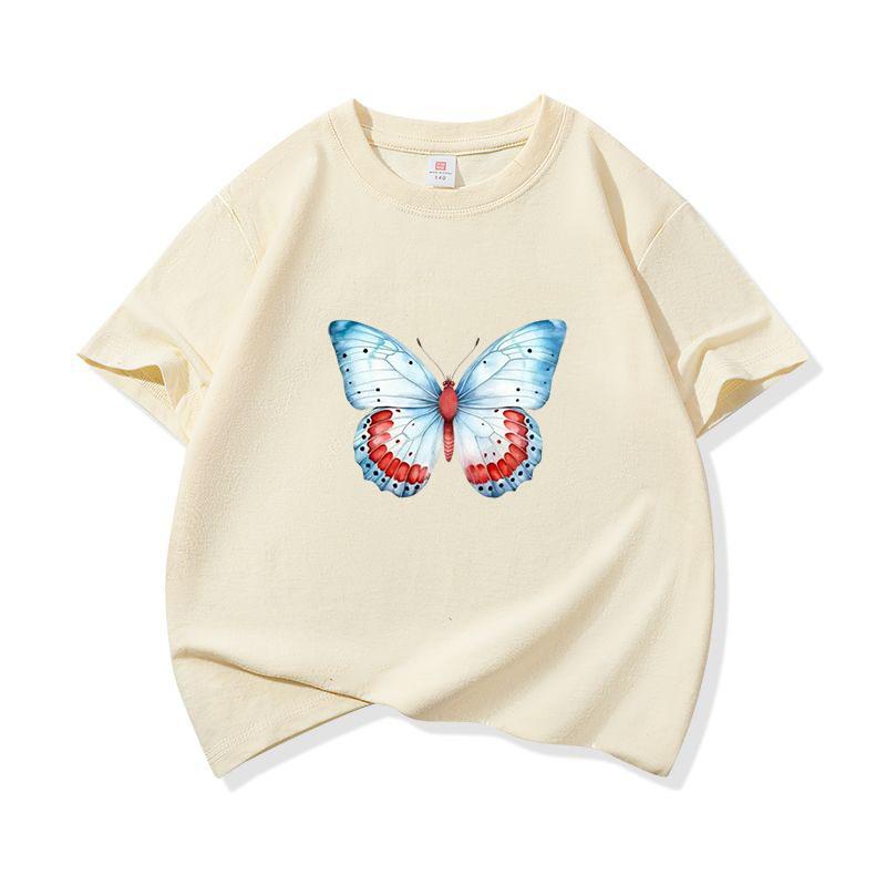 Kids Cotton T Shirt Light Blue And Red Butterfly Print Crew Neck Short Sleeve Tee Casual Boys Girls Summer Tops