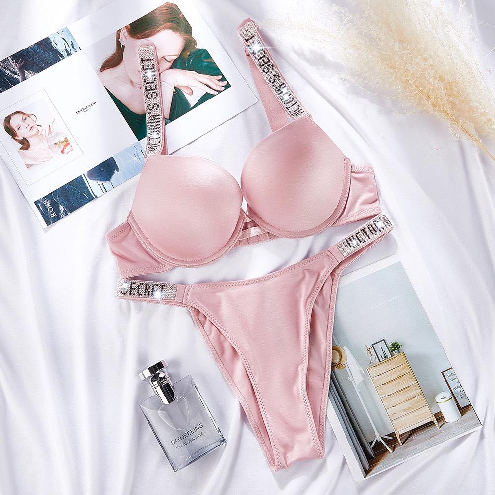 Plus Size European & American Light Luxury Diamond Strap Push-Up Bra & High Cut Panty Set