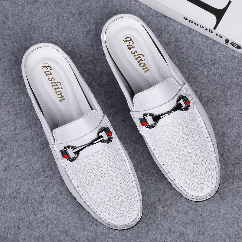 Cow Genuine Leather Slippers for Men Black White Mens Slip-on Lazy Youth Walking Sandals Slides Half Drag Loafers Big Size 37-46