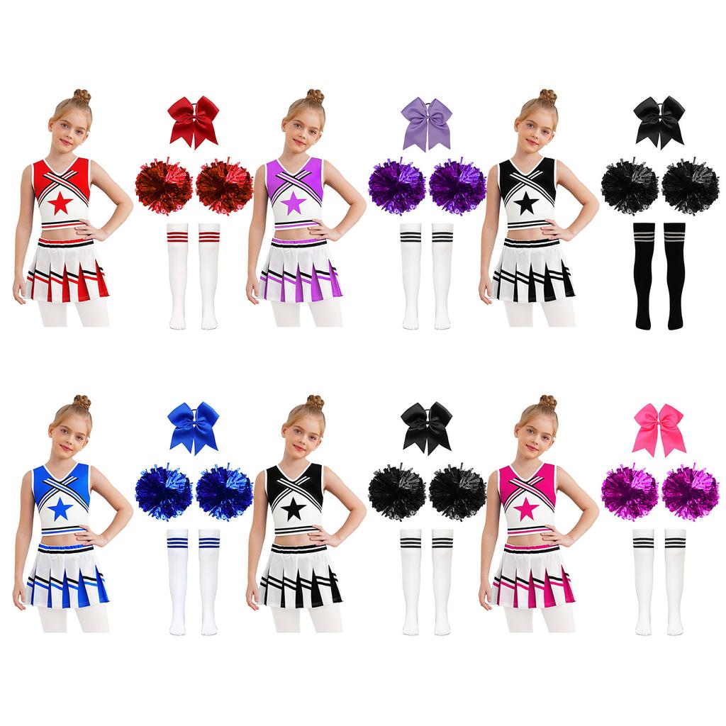 Girls Cheerleader Outfit Color Contrast Print Sleeveless Top Pleated Skirt Hand Flowers Socks Set