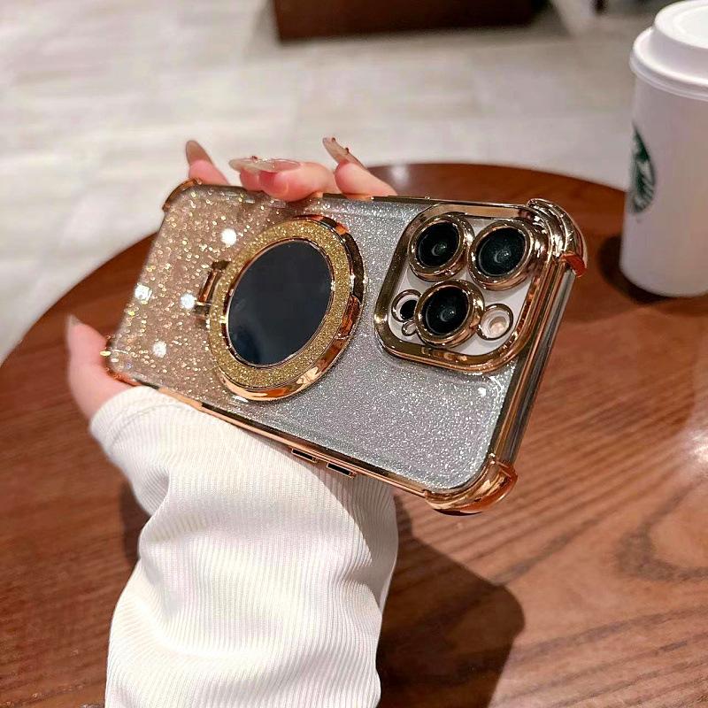 Glitter Makeup Mirror Magnetic Suction Bracket Suitable for Apple 16 Mobile Phone Case IPhone 14 Four-corner Electroplating Lens Film Hard Case