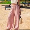 Women Pants Elastic High Waist Wide Leg Loose Fit Trousers Pure Color Summer Spring Casual Beach Vacation Long Pants