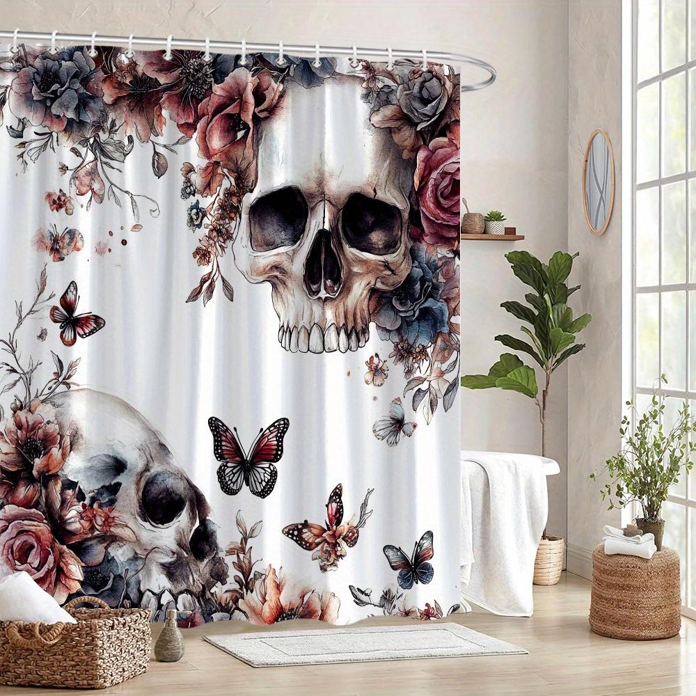 Gothic Fantasy Floral Skull Shower Curtain - Vibrant Roses & Butterflies, Durable Polyester, Ideal For Bathroom Decor