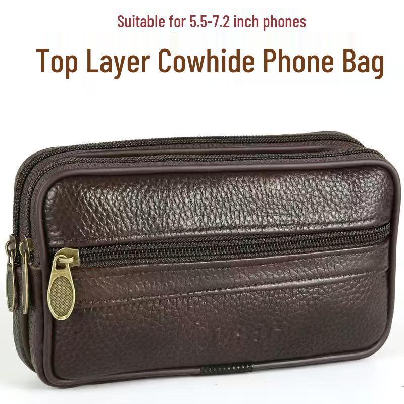 Men's Cowhide Leather Phone Waist Bag - Durable Vertical & Horizontal Styles for Sports & Construction Sites