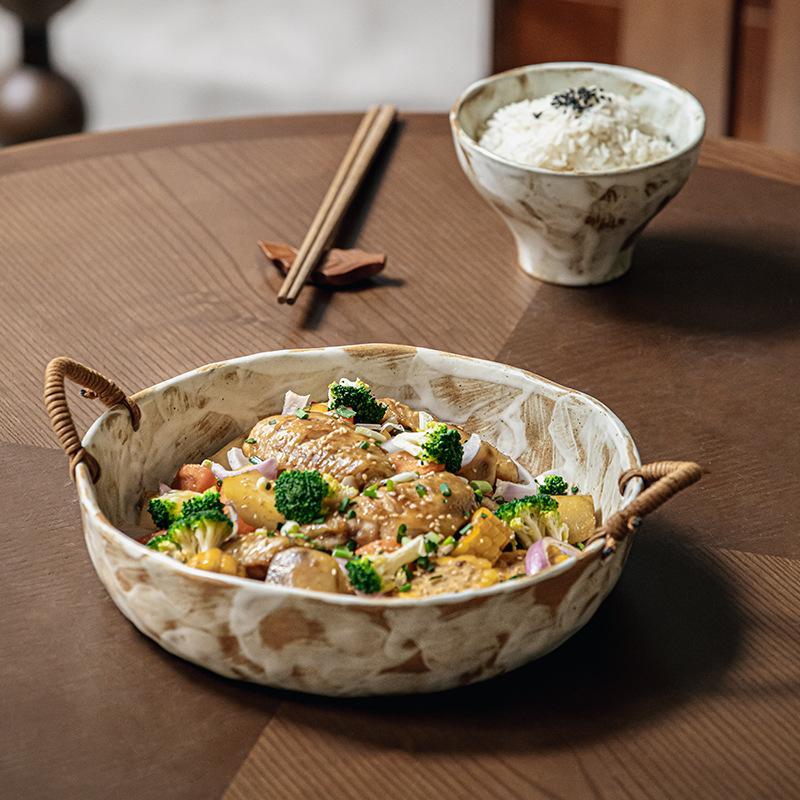 Madge Nostalgic Handmade Coarse Pottery Hemp Rope Binaural Bowl Retro Deep Plate Housewarming New Home Bowl Fruit Bowl Export