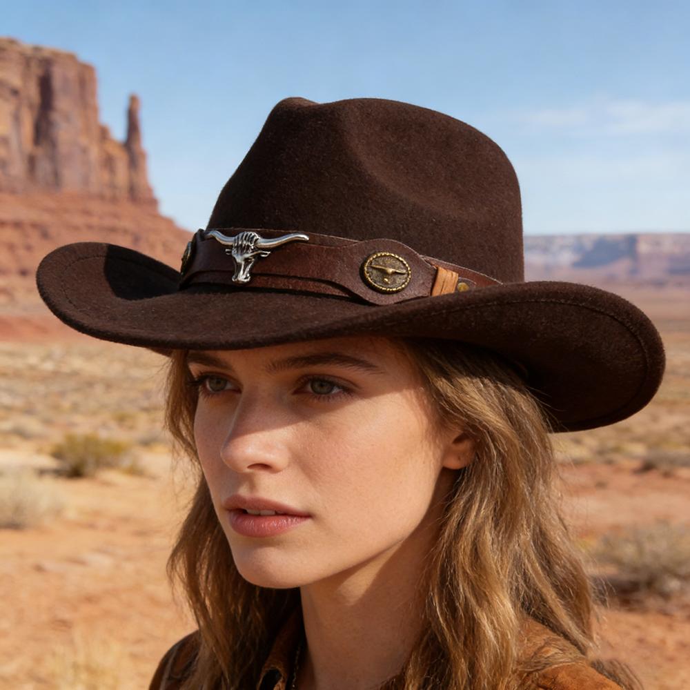 Klassischer Cattleman Cowboyhut Retro Bullenkopf Nietenbesetztes Lederband Filzhut Unisex Westernparty Cosplay Hut Breiter Rand Fedora