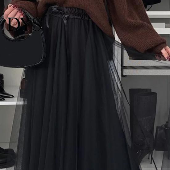 Polyester Mesh Skirt Women's Tulle Skirts High Waist Midi Black Flowy Flattering Design Party Dress Long Tutu for Wedding Cocktail Prom Trendy Women