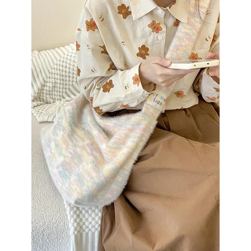 

Большая вместительная пригородная сумка-тоут, органайзер для книг, женские сумки через плечо, цвета макарон, мягкие плюшевые сумки на плечо в полоску