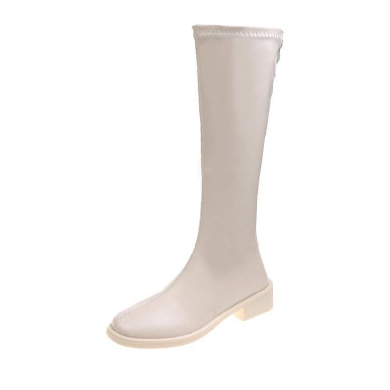 Large Size 4142 Women's Shoes Square Toe Low Heels Rear Zipper High Tubular  Boots Elegant White Leather Knee-High Long Boots