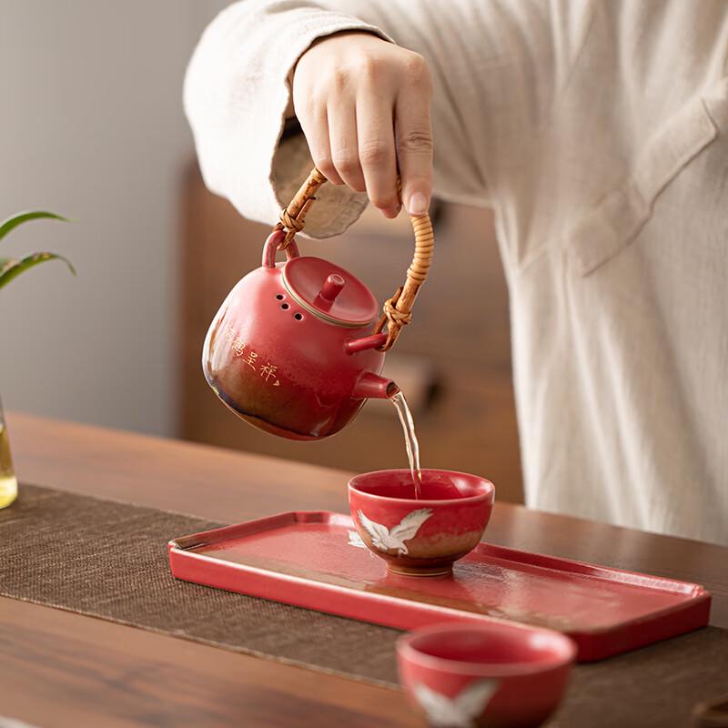 Sushang Chinese Chic Palace Red Auspicious Crane Gongfu Tea Set