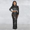 European & American Fashion Mesh Hot Drilling See-through Long Sleeve Long Dress Two-piece Set for Women