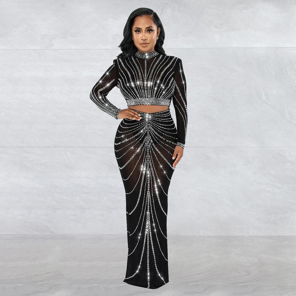European & American Fashion Mesh Hot Drilling See-through Long Sleeve Long Dress Two-piece Set for Women