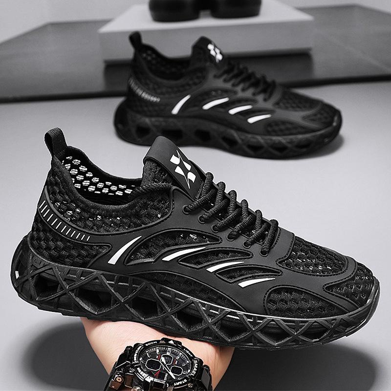 

Мужские сетчатые туфли дышащие и с полыми вставками для лета, повседневные универсальные кэжуал на толстой подошве однотонные спортивного стиля для бега мужские трендовые туфли 44