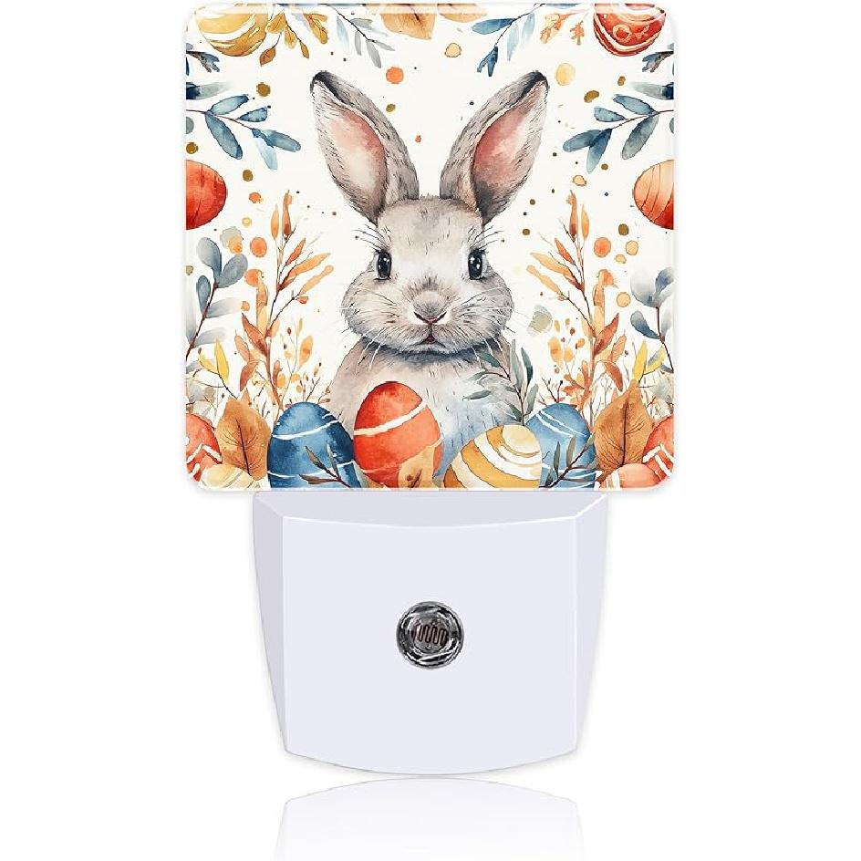 Easter Eggs Bunny Leaves Plug in Night Lights,Watercolor Cute Rabbit Night Light Plug into Wall with Dusk to Dawn Sensor Decor for Women Men