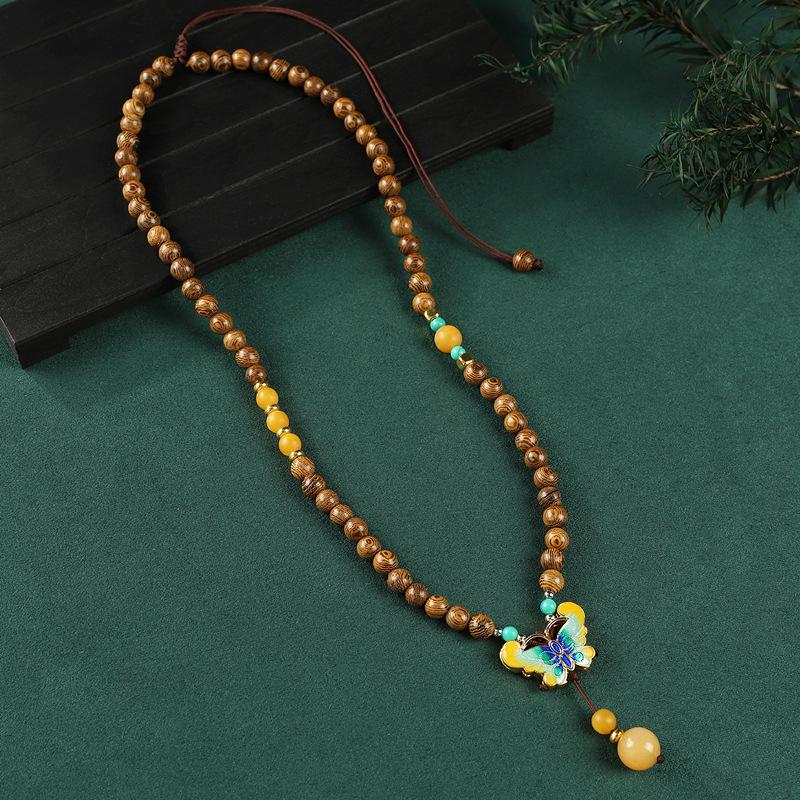 Retro Chinese wooden bead cloisonne necklace niche design medium and long sweater chain temperament literary women's accessories