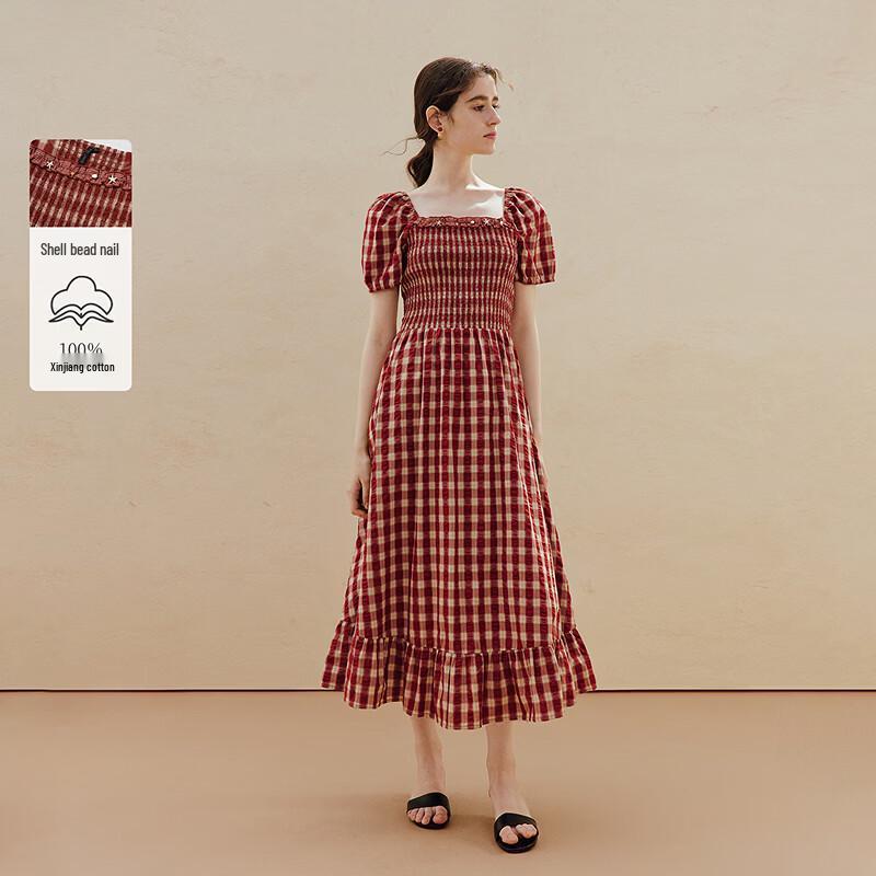 INMAN French Retro Red Plaid Midi Dress L