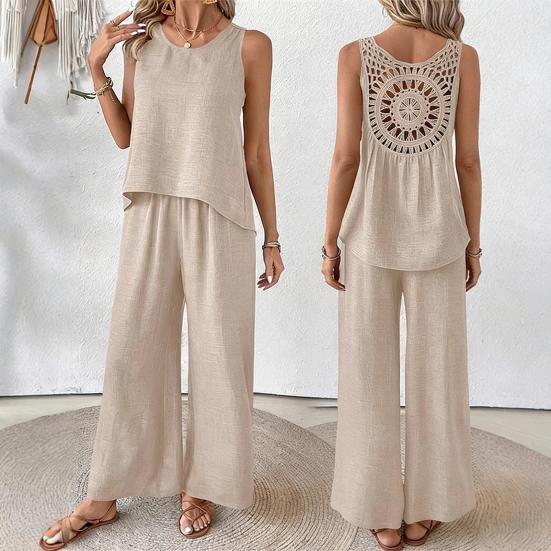 Women Summer 2 Piece Outfits Back Tank Top Sleeveless Hollow And Wide Leg Pants Set Boho