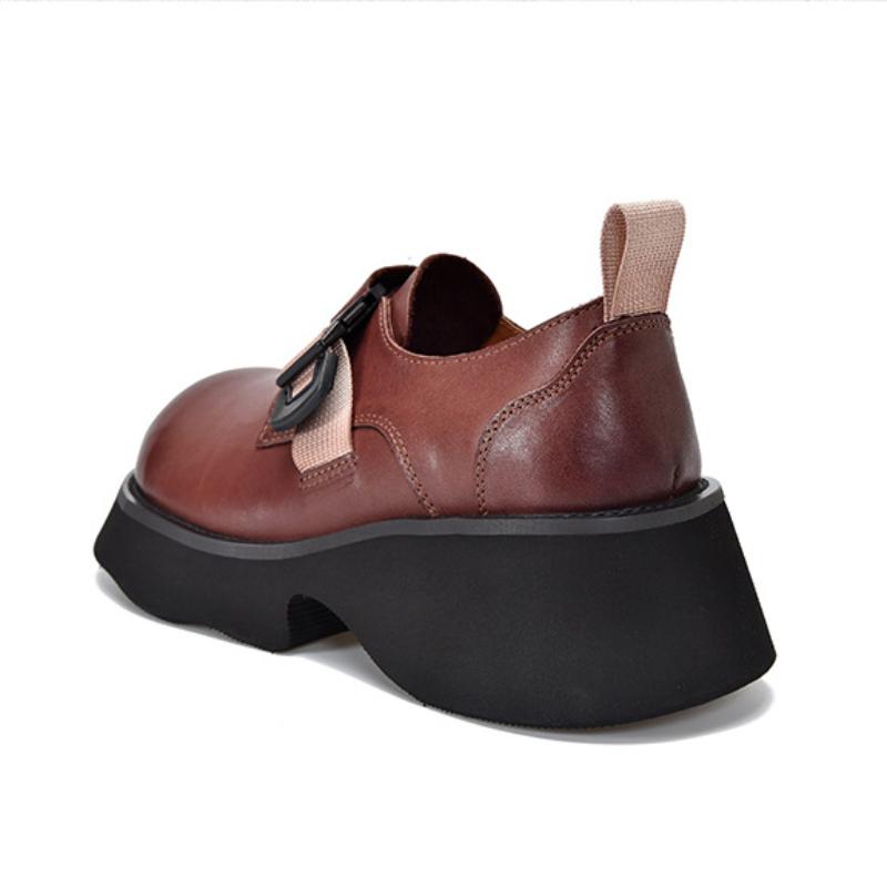 Johnature Dicke Sohlen-Pumps, leicht, echtes Leder, vielseitige Retro-Damen-Plateauschuhe mit runder Zehenpartie