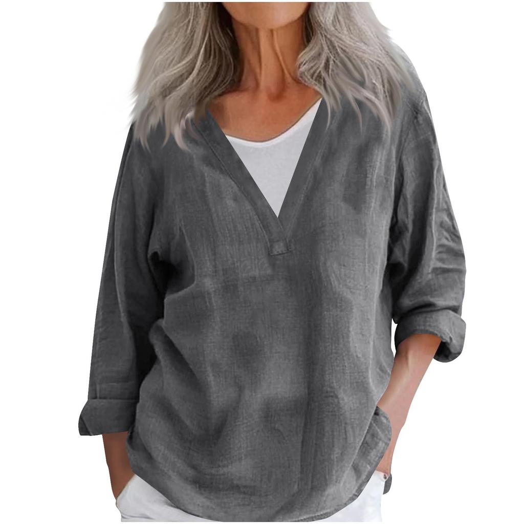 Women's Fashion Casual Cotton Linen V-Neck Long Sleeve Pullover Top