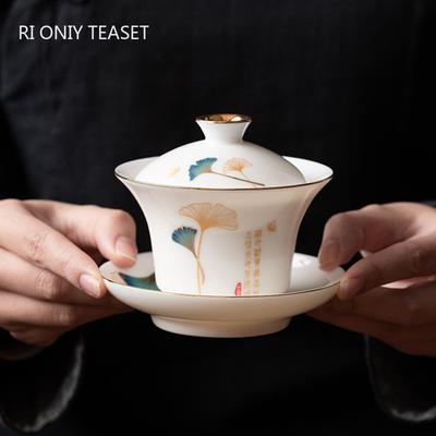Chinese Handmade Ceramic Gaiwan Teacup Hand-painted White Porcelain Tea Tureen Travel Tea Bowl Household Teaware Accessories